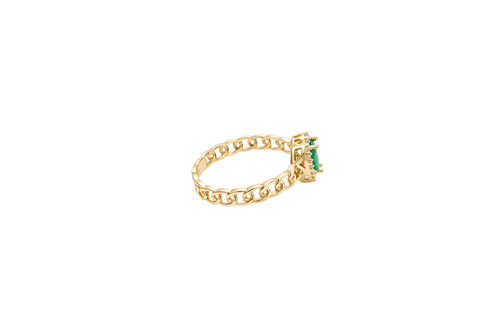 14KT Gold Ring Women's Pear Dark Green Center Stone with White CZ Stone Border Chino Band