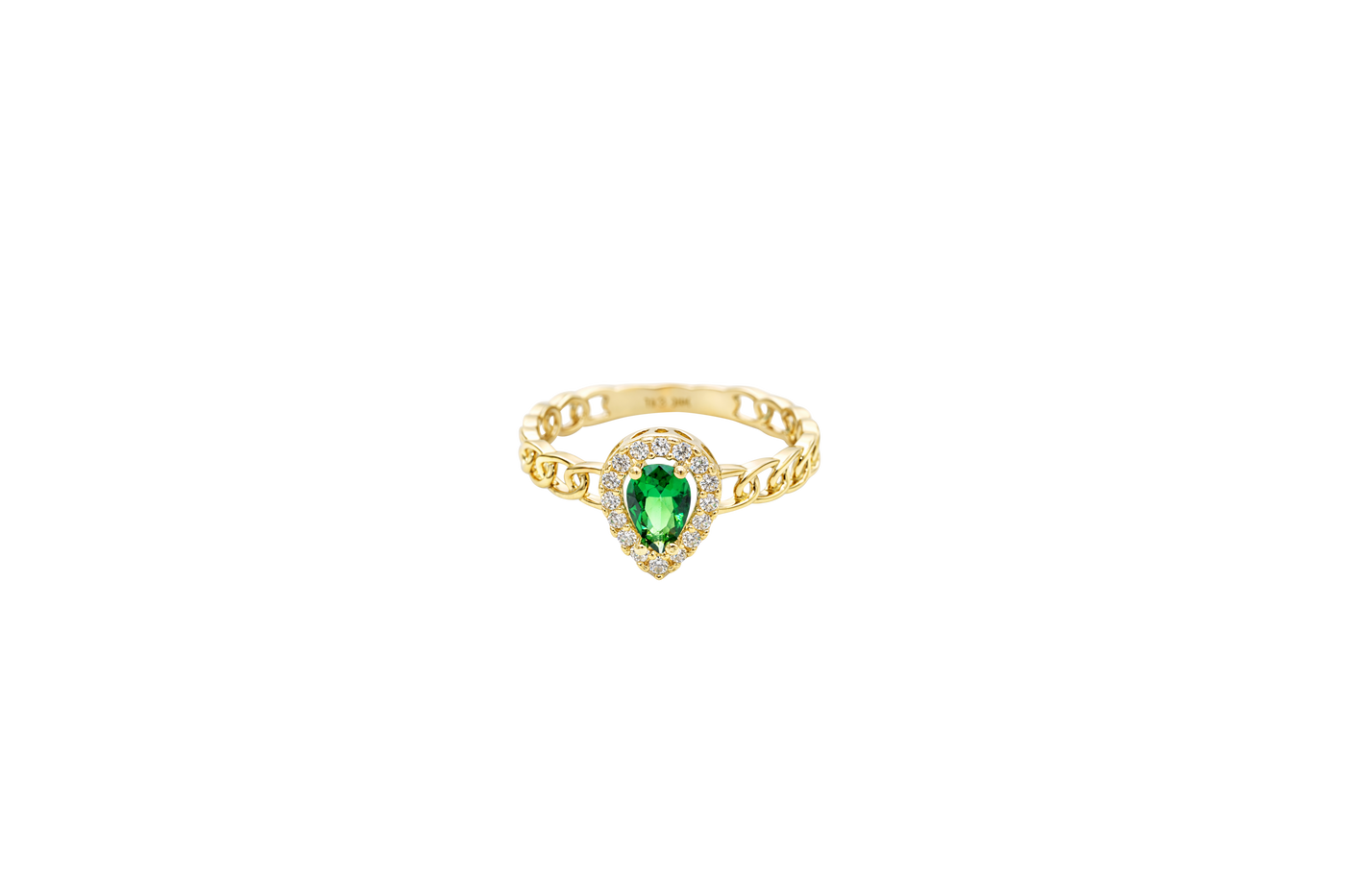 14KT Gold Ring Women's Pear Dark Green Center Stone with White CZ Stone Border Chino Band
