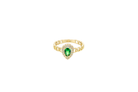 14KT Gold Ring Women's Pear Dark Green Center Stone with White CZ Stone Border Chino Band