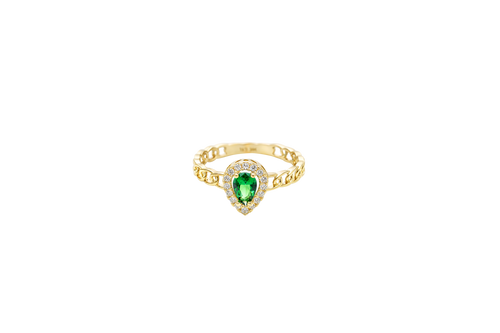14KT Gold Ring Women's Pear Dark Green Center Stone with White CZ Stone Border Chino Band