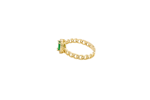 14KT Gold Ring Women's Pear Dark Green Center Stone with White CZ Stone Border Chino Band