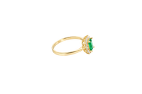 14KT Gold Ring Women's Flower Dark Green Rectangle Center CZ Stone with White CZ Stone Petal Borders and Plain Band
