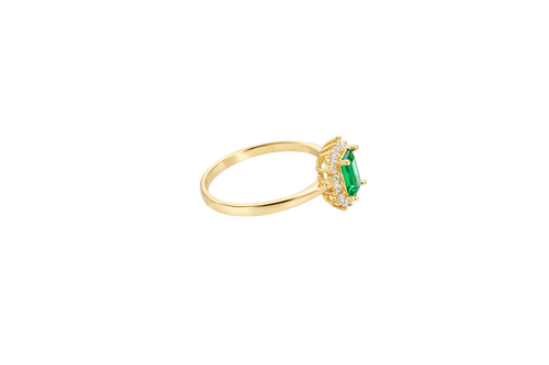 14KT Gold Ring Women's Flower Dark Green Rectangle Center CZ Stone with White CZ Stone Petal Borders and Plain Band