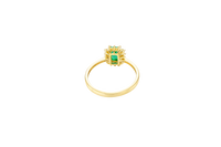 14KT Gold Ring Women's Flower Dark Green Rectangle Center CZ Stone with White CZ Stone Petal Borders and Plain Band