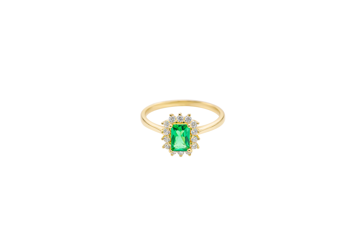 14KT Gold Ring Women's Flower Dark Green Rectangle Center CZ Stone with White CZ Stone Petal Borders and Plain Band