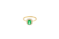 14KT Gold Ring Women's Flower Dark Green Rectangle Center CZ Stone with White CZ Stone Petal Borders and Plain Band