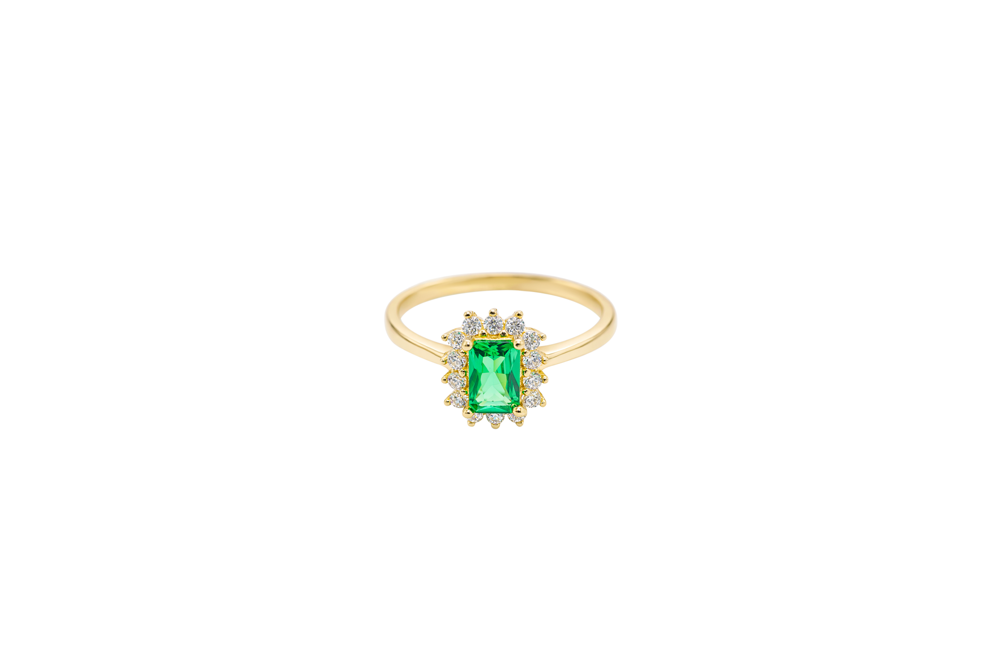 14KT Gold Ring Women's Flower Dark Green Rectangle Center CZ Stone with White CZ Stone Petal Borders and Plain Band