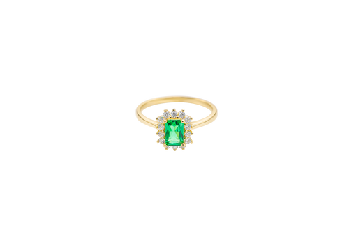 14KT Gold Ring Women's Flower Dark Green Rectangle Center CZ Stone with White CZ Stone Petal Borders and Plain Band
