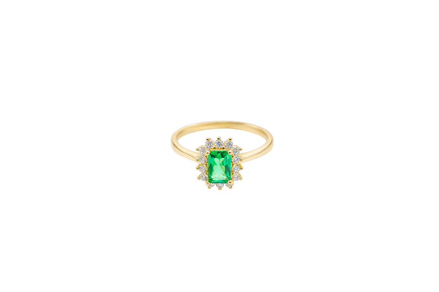 14KT Gold Ring Women's Flower Dark Green Rectangle Center CZ Stone with White CZ Stone Petal Borders and Plain Band