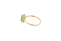 14KT Gold Ring Women's Flower Dark Green Rectangle Center CZ Stone with White CZ Stone Petal Borders and Plain Band
