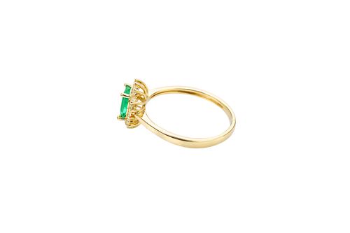 14KT Gold Ring Women's Flower Dark Green Rectangle Center CZ Stone with White CZ Stone Petal Borders and Plain Band