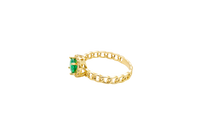 14KT Gold Ring Women's Round Dark Green Center Stone with White CZ Stone Border Chino Band