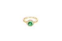 14KT Gold Ring Women's Round Dark Green Center Stone with White CZ Stone Border Chino Band