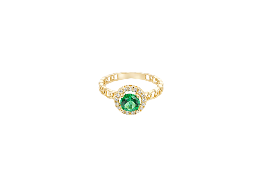 14KT Gold Ring Women's Round Dark Green Center Stone with White CZ Stone Border Chino Band