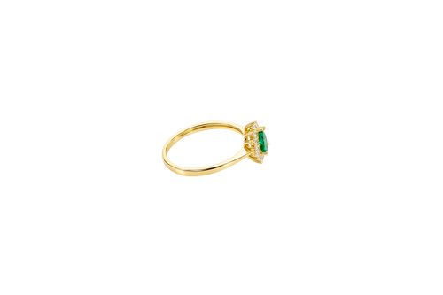 14KT Gold Ring Women's Flower Pear Dark Green Center Stone with White CZ Stone Petals Border Plain Band