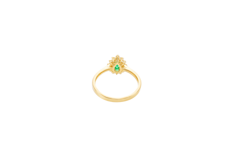 14KT Gold Ring Women's Flower Pear Dark Green Center Stone with White CZ Stone Petals Border Plain Band