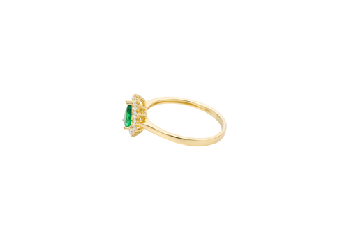 14KT Gold Ring Women's Flower Pear Dark Green Center Stone with White CZ Stone Petals Border Plain Band