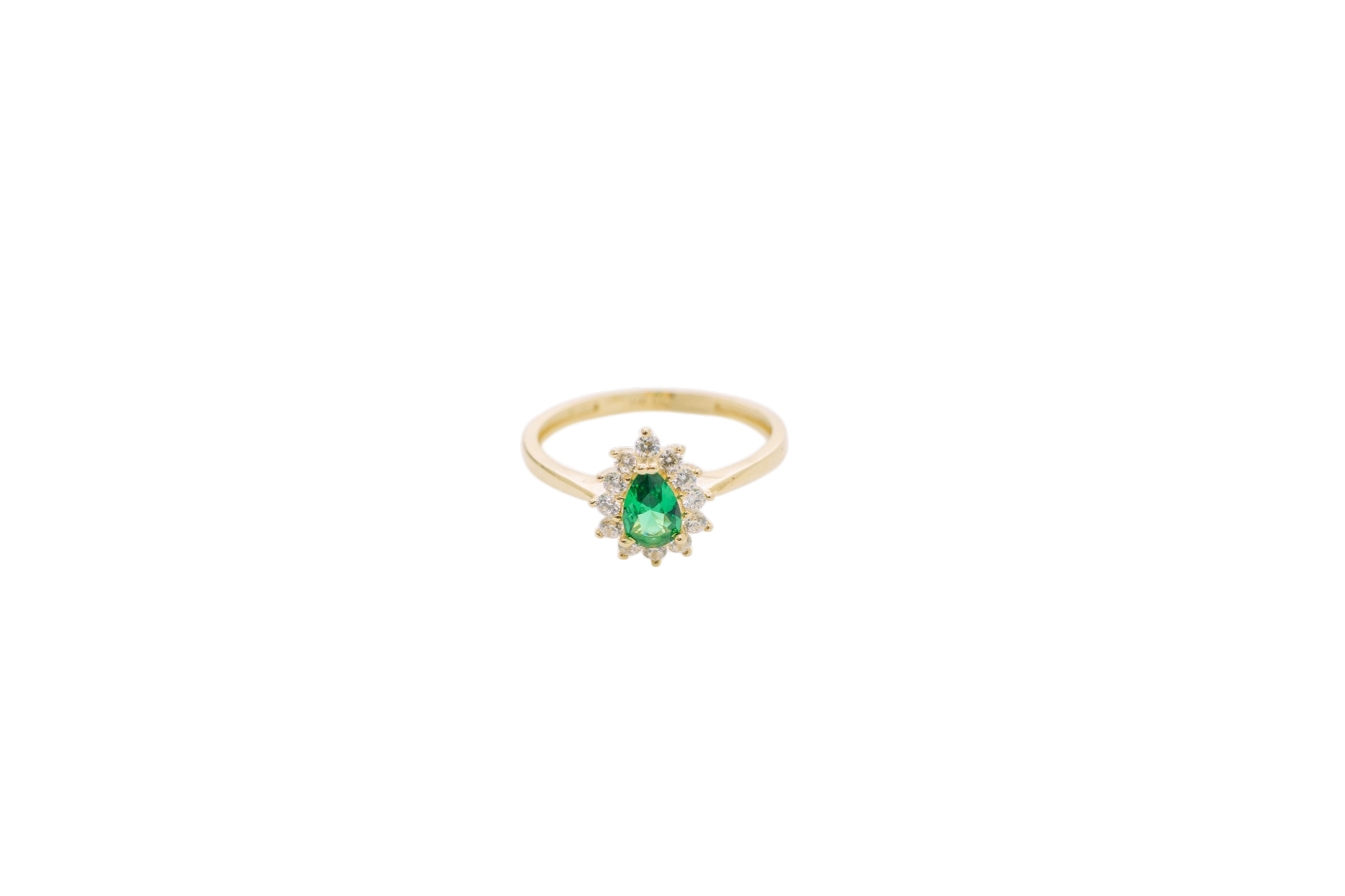 14KT Women's Gold Ring Flower Oval Dark Green Center Stone with White CZ Stone Petals Border Plain Band