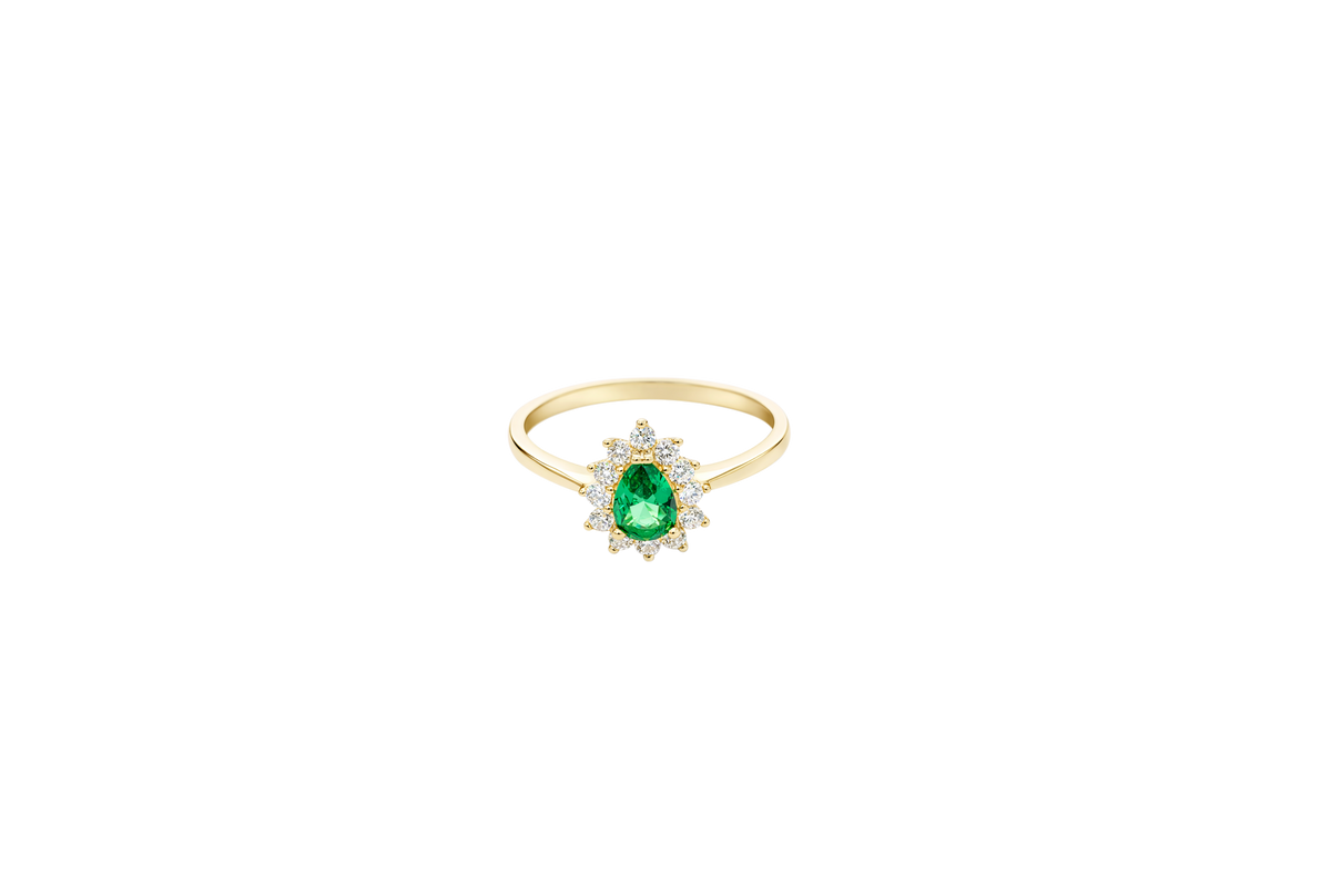 14KT Gold Ring Women's Flower Pear Dark Green Center Stone with White CZ Stone Petals Border Plain Band