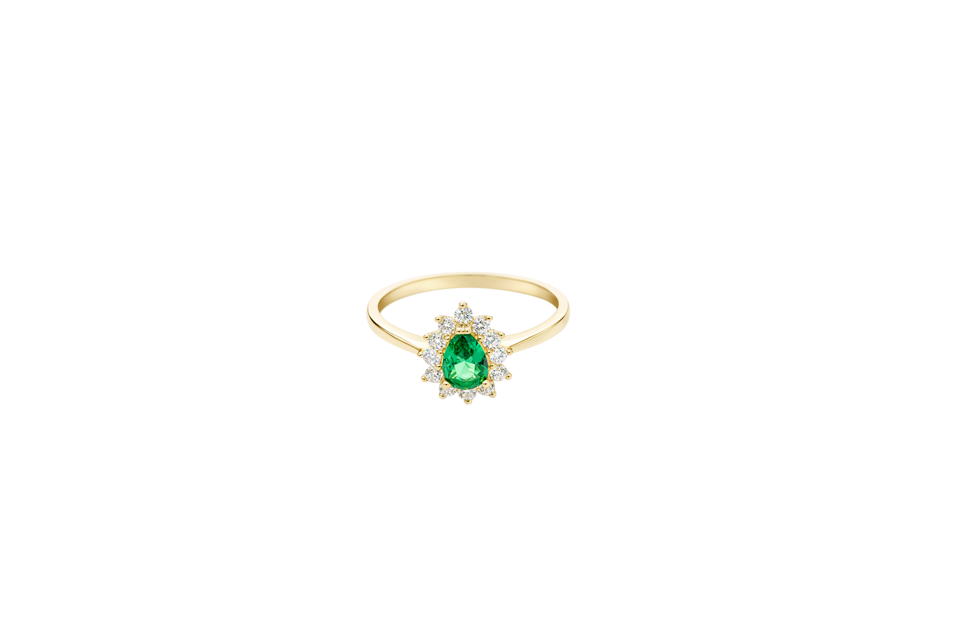 14KT Gold Ring Women's Flower Pear Dark Green Center Stone with White CZ Stone Petals Border Plain Band
