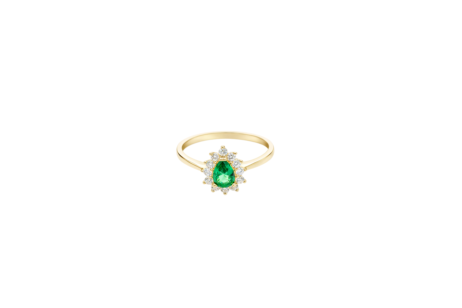 14KT Gold Ring Women's Flower Pear Dark Green Center Stone with White CZ Stone Petals Border Plain Band