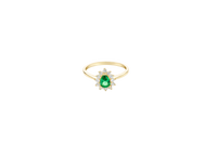14KT Gold Ring Women's Flower Pear Dark Green Center Stone with White CZ Stone Petals Border Plain Band