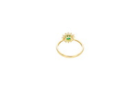 14KT Gold Ring Women's Flower Round Dark Green Center Stone with White CZ Stone Petals Border Plain Band
