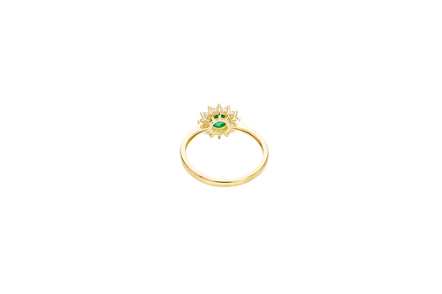 14KT Gold Ring Women's Flower Round Dark Green Center Stone with White CZ Stone Petals Border Plain Band