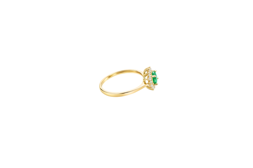 14KT Gold Ring Women's Flower Round Dark Green Center Stone with White CZ Stone Petals Border Plain Band