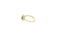 14KT Gold Ring Women's Flower Round Dark Green Center Stone with White CZ Stone Petals Border Plain Band