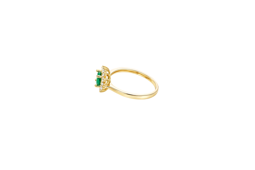 14KT Gold Ring Women's Flower Round Dark Green Center Stone with White CZ Stone Petals Border Plain Band