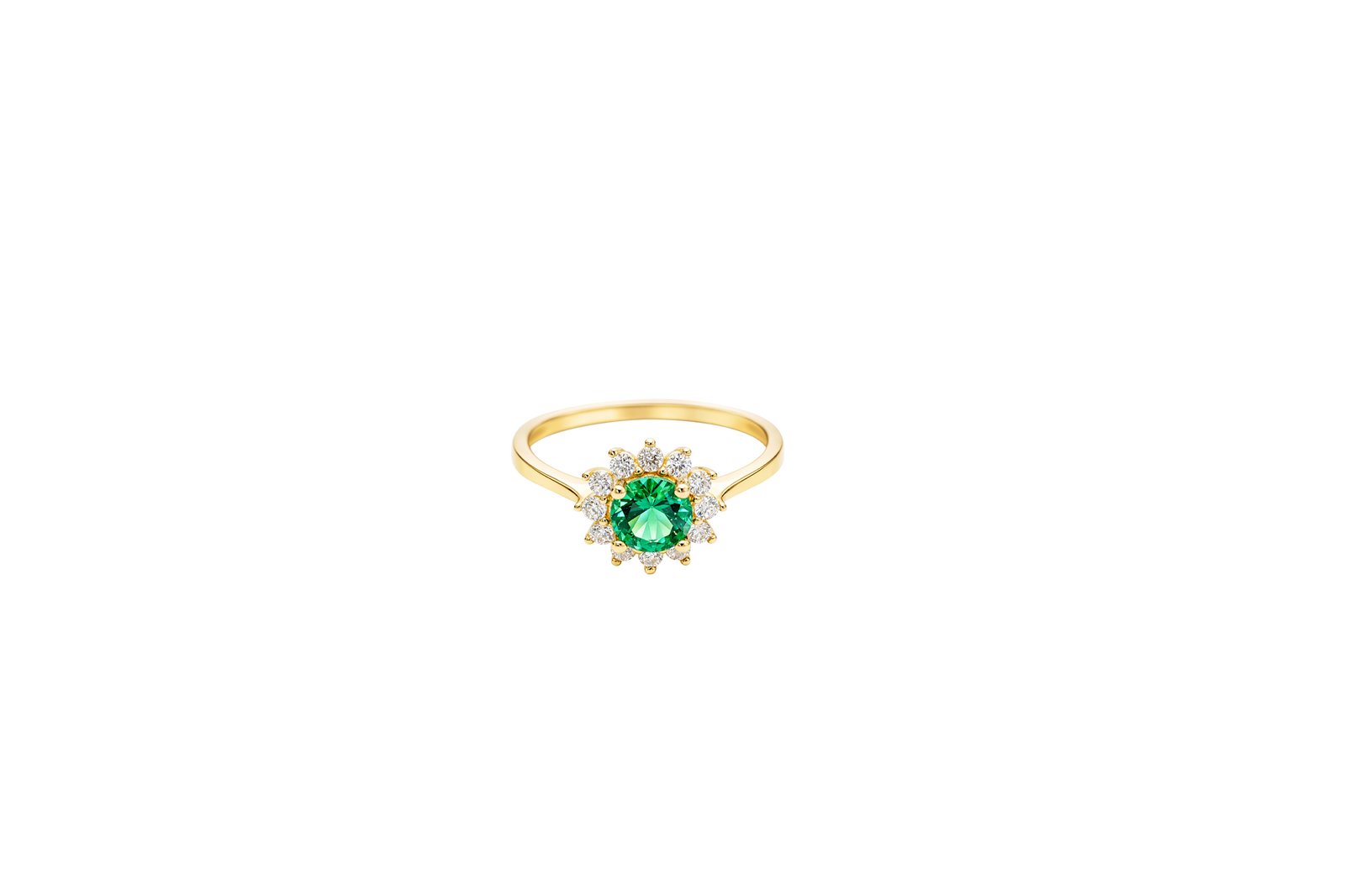 14KT Gold Ring Women's Flower Round Dark Green Center Stone with White CZ Stone Petals Border Plain Band