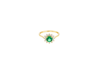 14KT Gold Ring Women's Flower Round Dark Green Center Stone with White CZ Stone Petals Border Plain Band