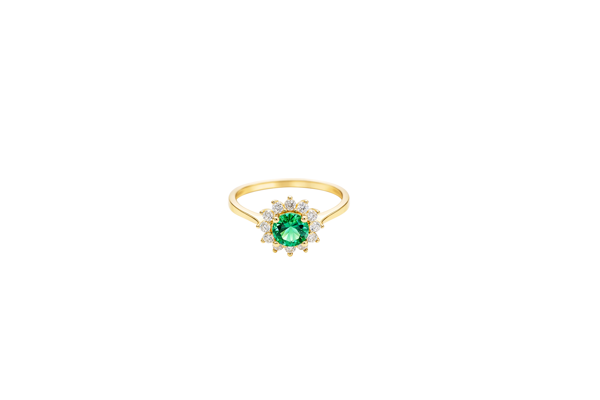 14KT Gold Ring Women's Flower Round Dark Green Center Stone with White CZ Stone Petals Border Plain Band