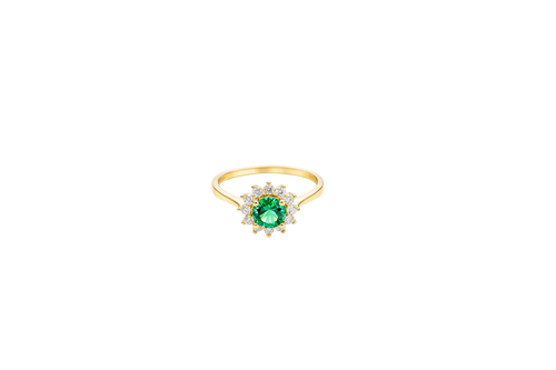 14KT Gold Ring Women's Flower Round Dark Green Center Stone with White CZ Stone Petals Border Plain Band