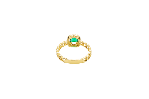 14KT Gold Ring Women's Square Dark Green Center Stone with White CZ Stone Border Chino Band