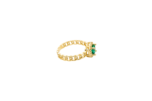 14KT Gold Ring Women's Square Dark Green Center Stone with White CZ Stone Border Chino Band