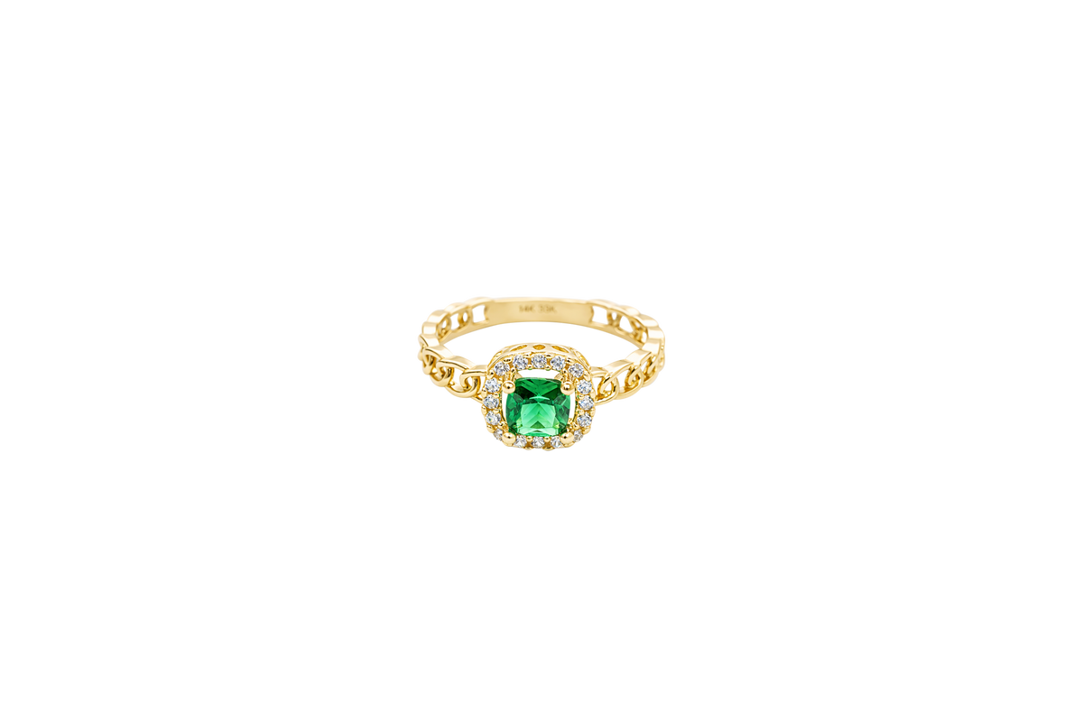 14KT Gold Ring Women's Square Dark Green Center Stone with White CZ Stone Border Chino Band