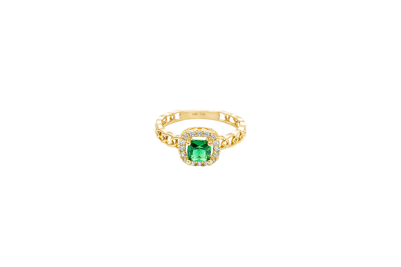 14KT Gold Ring Women's Square Dark Green Center Stone with White CZ Stone Border Chino Band