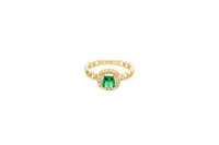 14KT Gold Ring Women's Square Dark Green Center Stone with White CZ Stone Border Chino Band
