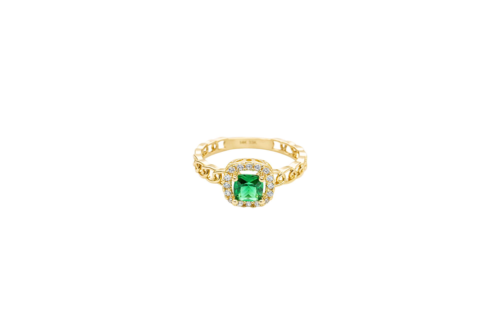 14KT Gold Ring Women's Square Dark Green Center Stone with White CZ Stone Border Chino Band