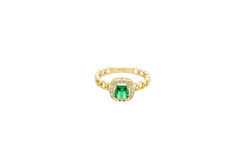 14KT Gold Ring Women's Square Dark Green Center Stone with White CZ Stone Border Chino Band