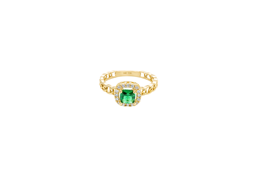14KT Gold Ring Women's Square Dark Green Center Stone with White CZ Stone Border Chino Band
