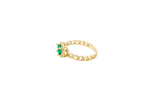 14KT Gold Ring Women's Square Dark Green Center Stone with White CZ Stone Border Chino Band