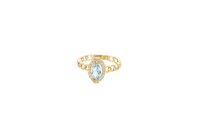 14KT Gold Ring Women's Marquise Light Blue Center Stone with White CZ Stone Border Chino Band