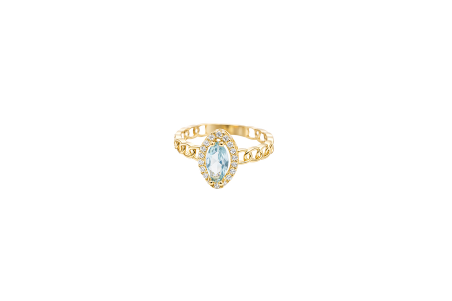 14KT Gold Ring Women's Marquise Light Blue Center Stone with White CZ Stone Border Chino Band