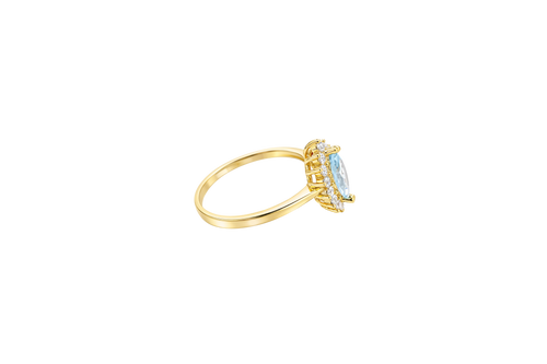 14KT Gold Ring Women's Flower Light Blue Marquise Center CZ Stone with White CZ Stone Petal Borders and Plain Band