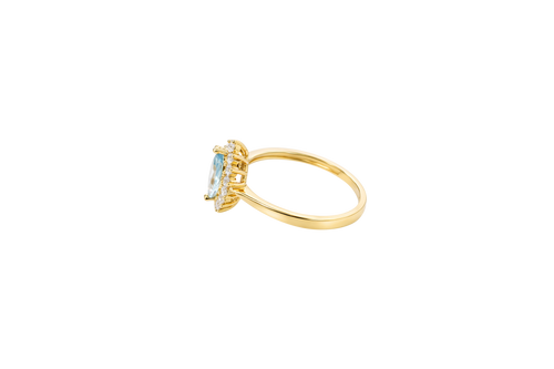 14KT Gold Ring Women's Flower Light Blue Marquise Center CZ Stone with White CZ Stone Petal Borders and Plain Band