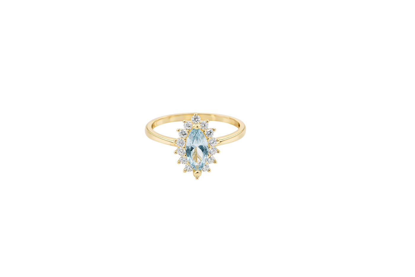 14KT Gold Ring Women's Flower Light Blue Marquise Center CZ Stone with White CZ Stone Petal Borders and Plain Band