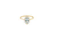 14KT Gold Ring Women's Flower Light Blue Marquise Center CZ Stone with White CZ Stone Petal Borders and Plain Band